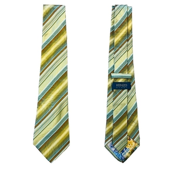 KENZO Textured 100% Silk Green Yellow Neck Tie - Picture 2 of 10